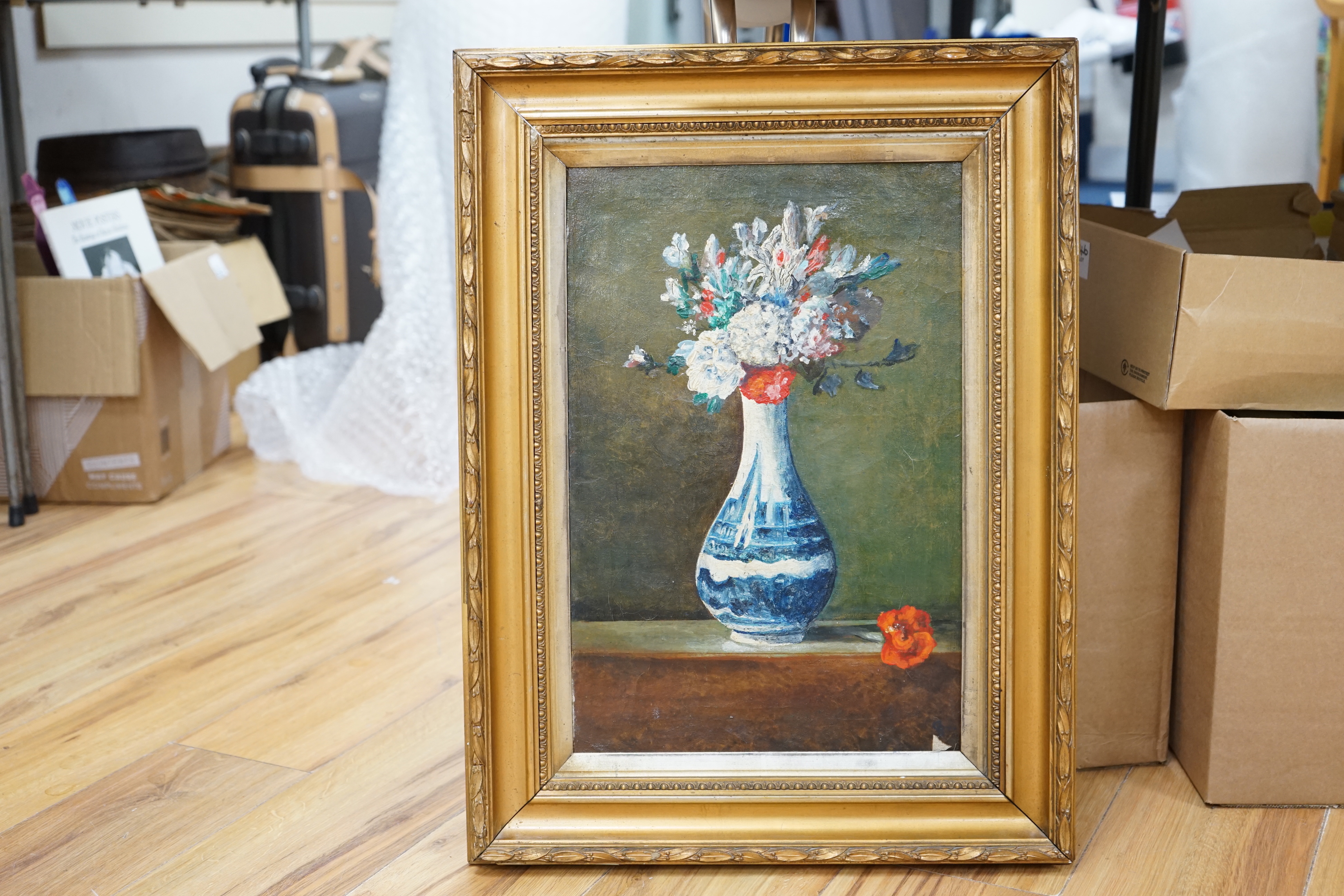 German School c.1990, oil on canvas, Still life of flowers in a Delft vase, indistinctly monogrammed lower right, 45 x 29cm
